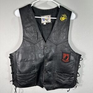 men's vintage biker motorcycle leather vest with patches Flag Size Medium